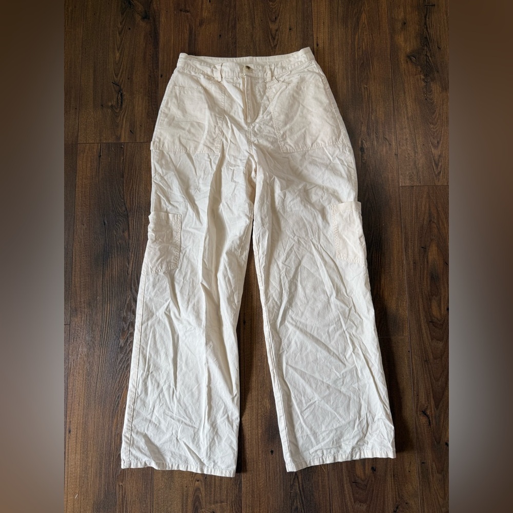 Le Lis Collection Women’s Wide Leg Cream Cargo Pants 100% Cotton, Size Small